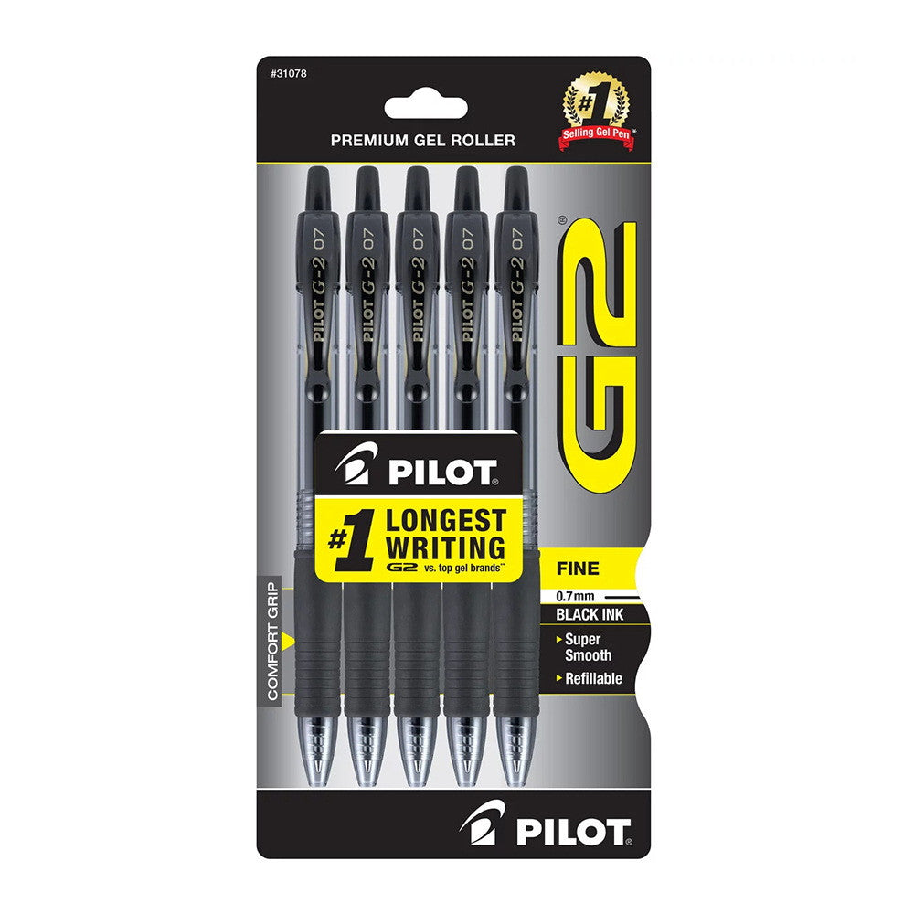 Pilot G2 Premium Gel Roller Pens, Fine Point 0.7 mm, Black Ink, 5 Ea